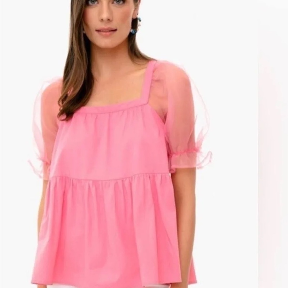 Tuckernuck Pink Sheer Puff-Sleeve Square Neck Top